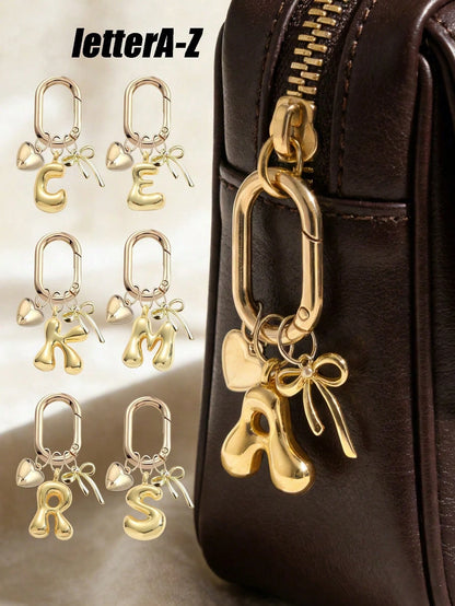 Gold Bubble Letter A-Z Keychain, Cute Letter Pendant With Heart Bow, Shiny Metal Letter Keychain, Personalized Bag Charm, Handbag Backpack Key Ring Accessory, Suitable For Daily Use, Travel, School, S