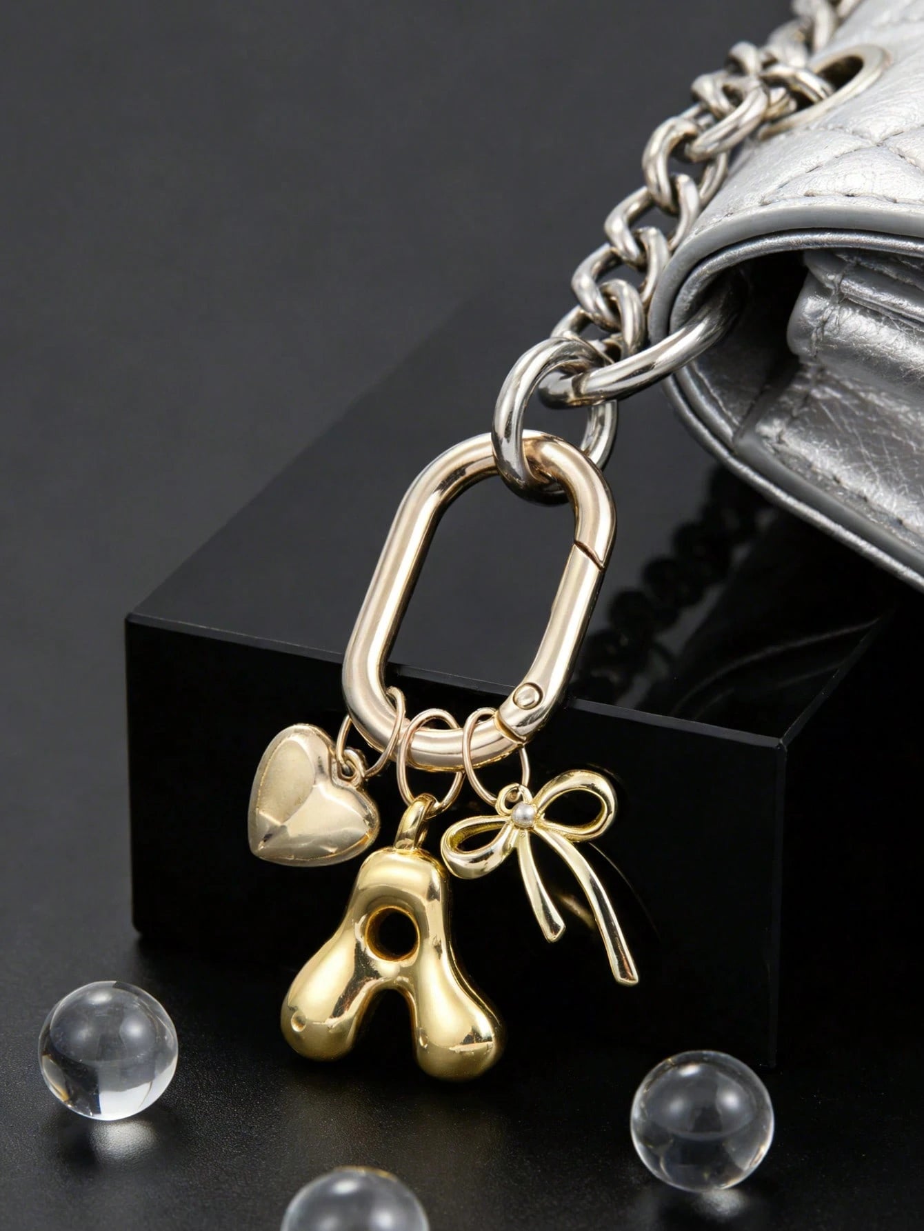 Gold Bubble Letter A-Z Keychain, Cute Letter Pendant With Heart Bow, Shiny Metal Letter Keychain, Personalized Bag Charm, Handbag Backpack Key Ring Accessory, Suitable For Daily Use, Travel, School, S