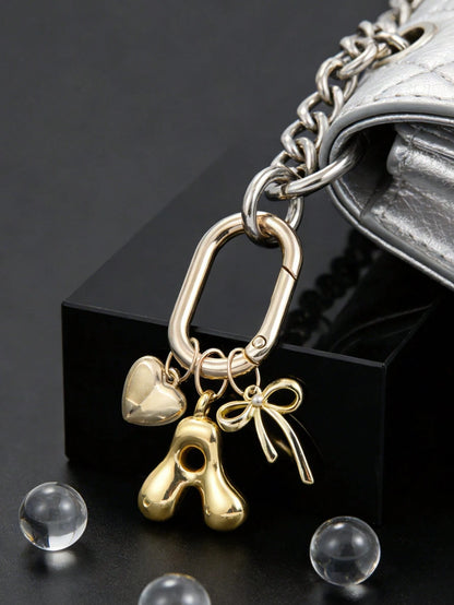 Gold Bubble Letter A-Z Keychain, Cute Letter Pendant With Heart Bow, Shiny Metal Letter Keychain, Personalized Bag Charm, Handbag Backpack Key Ring Accessory, Suitable For Daily Use, Travel, School, S