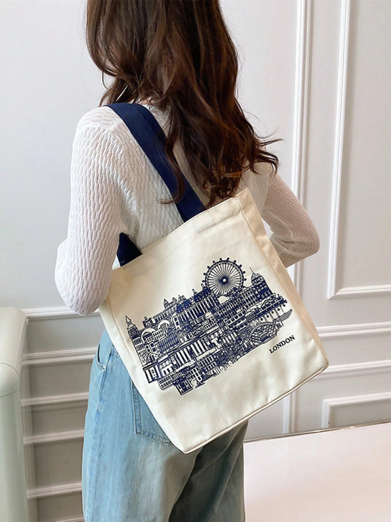 Graphic Print Shopper Bag Double Handle Casual Style Shoulder Bag, Crossbody Bag, Cross Body Bag, Handbag Preppy Stuff, Classic, Anime, Funny Canvas Square Bag Women, Ladies, Lover, For School Travel