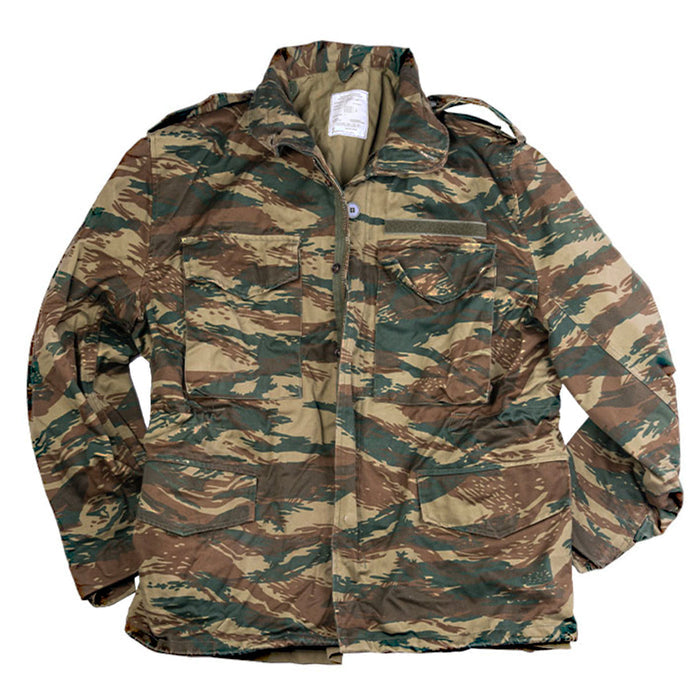 military surplus Large Greek Lizard Camo M65 Field Jacket with broken zipper for outdoor activities