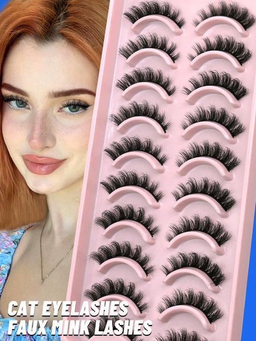 GROINNEYA 10 Pairs Manga Lashes Faux Mink Eyelashes Cat Eye Eyelashes Short Natural Full False Eyelashes Travel Essentials Makeup Tools (PN31) Strip Lashes,Lashes,Eyelashes,Fake Lashes