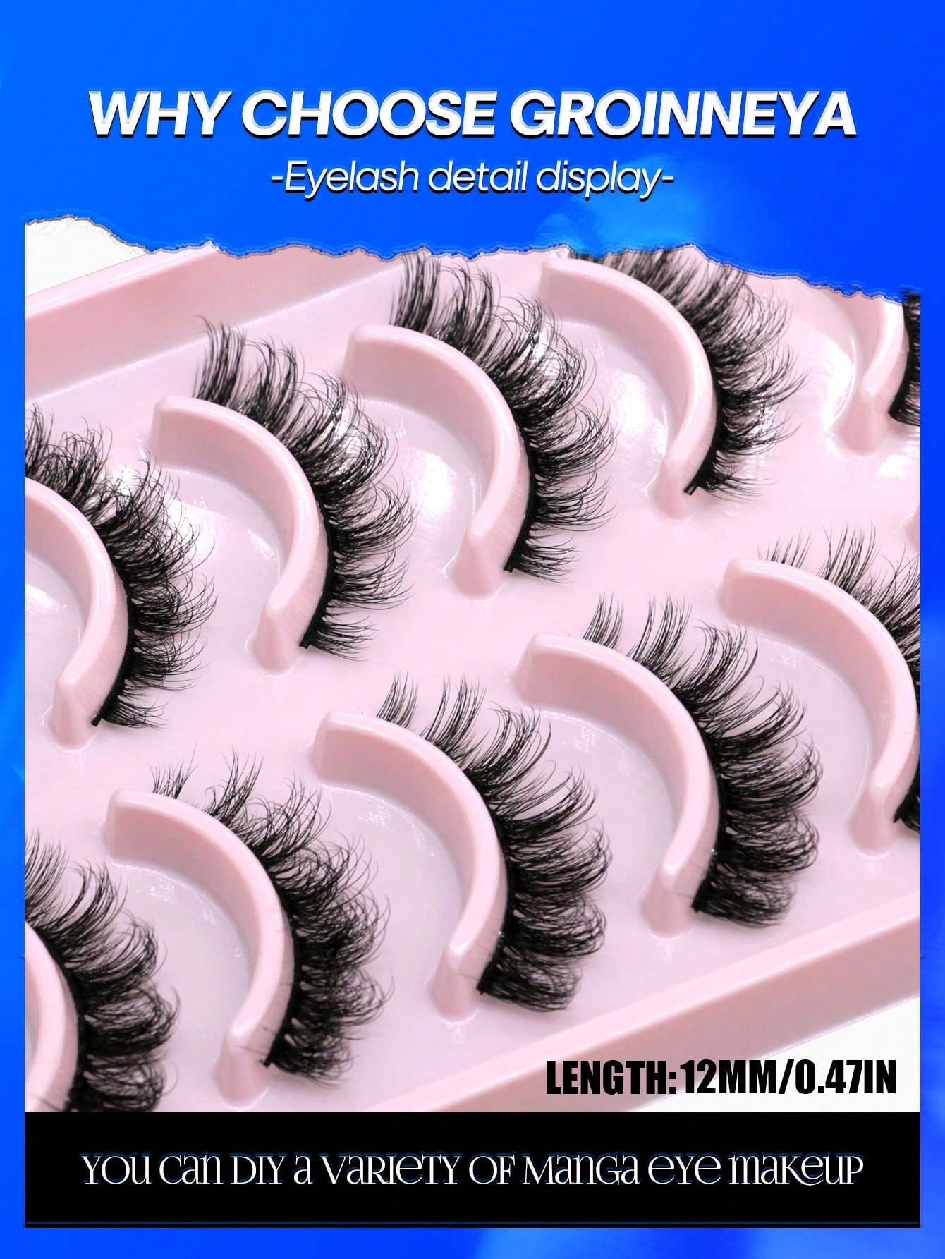GROINNEYA 10 Pairs Manga Lashes Faux Mink Eyelashes Cat Eye Eyelashes Short Natural Full False Eyelashes Travel Essentials Makeup Tools (PN31) Strip Lashes,Lashes,Eyelashes,Fake Lashes