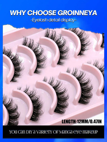 GROINNEYA 10 Pairs Manga Lashes Faux Mink Eyelashes Cat Eye Eyelashes Short Natural Full False Eyelashes Travel Essentials Makeup Tools (PN31) Strip Lashes,Lashes,Eyelashes,Fake Lashes