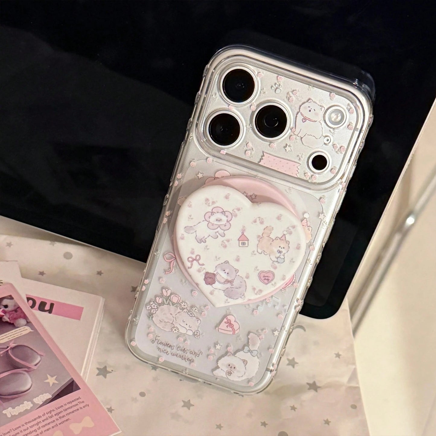 GUCADI Transparent Magnetic Pink Flower Garden + Pink Flower Garden Magnetic Cat Phone Case, Suitable For IPhone 17, 17 Pro Max, 16, 15, 13, 11. Cute, Girly, Creative, Geometric, Cartoon Style, Fresh