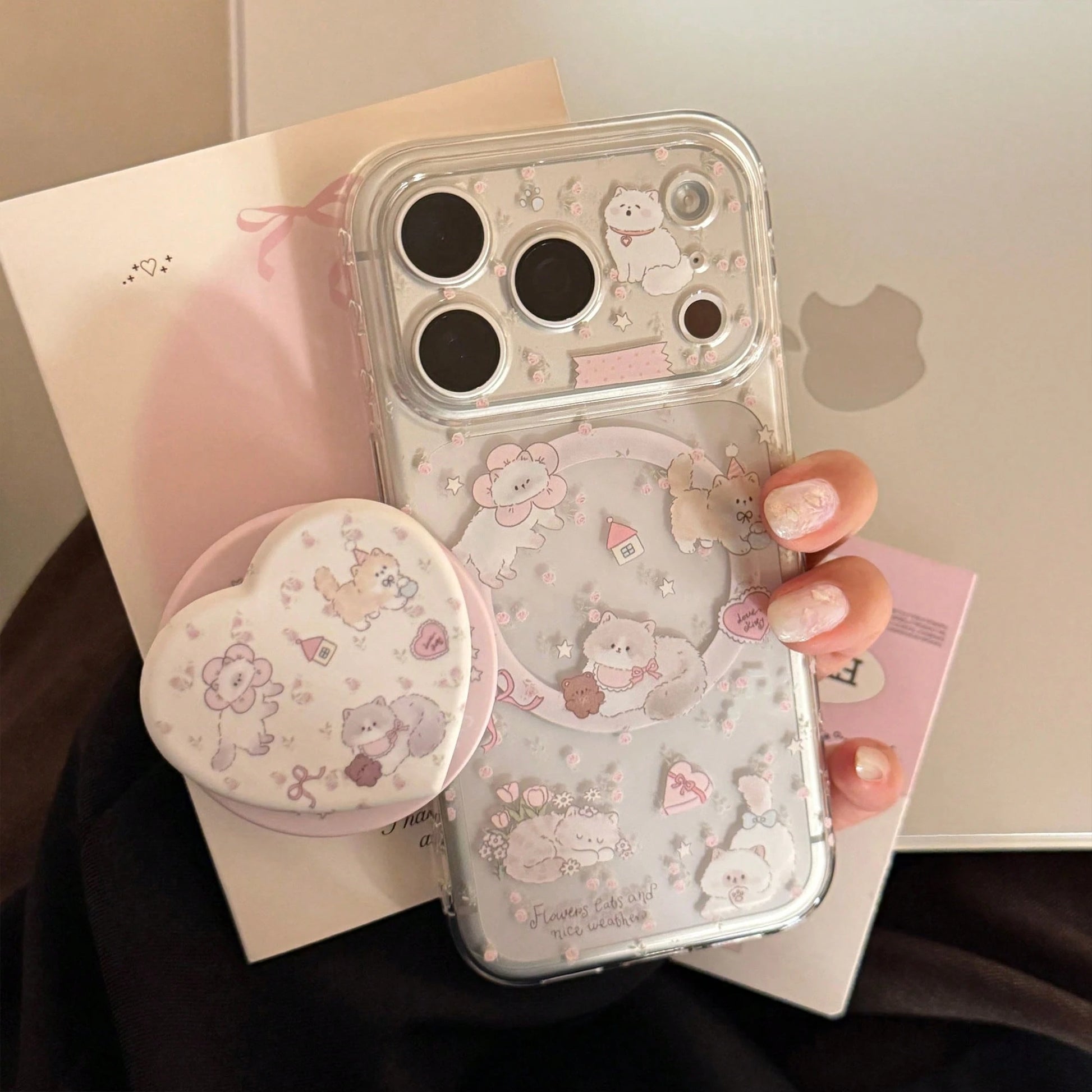 GUCADI Transparent Magnetic Pink Flower Garden + Pink Flower Garden Magnetic Cat Phone Case, Suitable For IPhone 17, 17 Pro Max, 16, 15, 13, 11. Cute, Girly, Creative, Geometric, Cartoon Style, Fresh