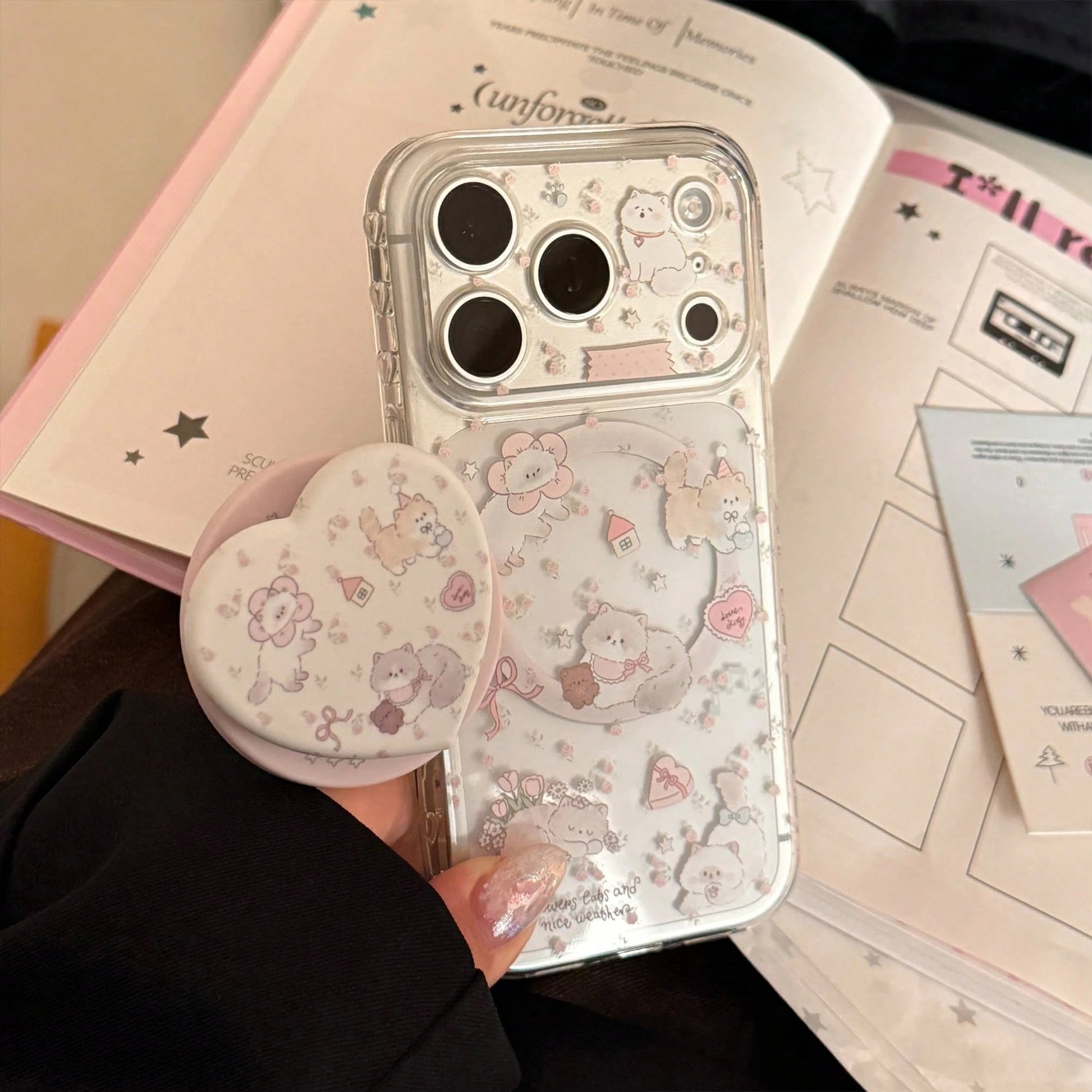 GUCADI Transparent Magnetic Pink Flower Garden + Pink Flower Garden Magnetic Cat Phone Case, Suitable For IPhone 17, 17 Pro Max, 16, 15, 13, 11. Cute, Girly, Creative, Geometric, Cartoon Style, Fresh