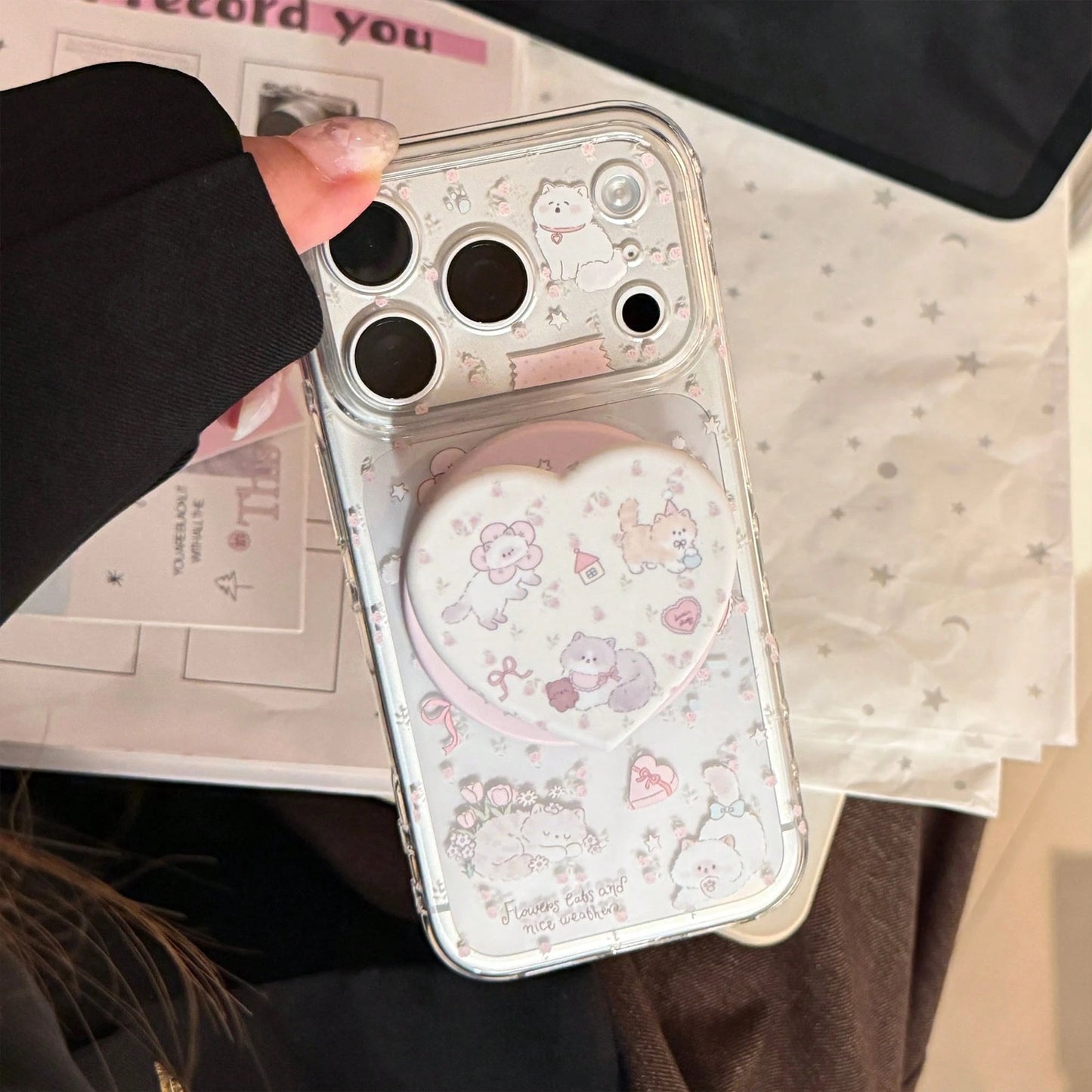 GUCADI Transparent Magnetic Pink Flower Garden + Pink Flower Garden Magnetic Cat Phone Case, Suitable For IPhone 17, 17 Pro Max, 16, 15, 13, 11. Cute, Girly, Creative, Geometric, Cartoon Style, Fresh
