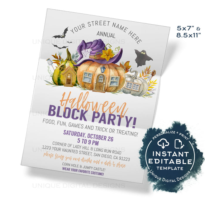 Halloween Block Party Invitation, Editable Street Party Invite, Fall Neighborhood Costume Party Flyer, Backyard BBQ hoa Printable INSTANT