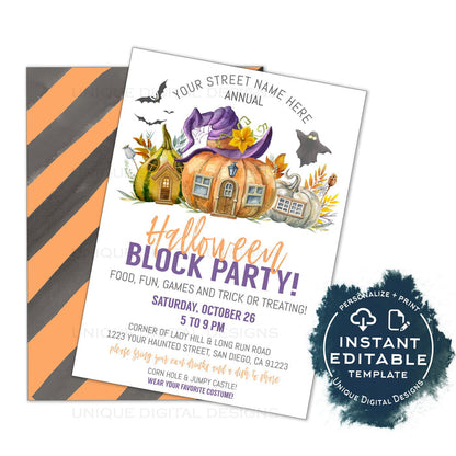 Halloween Block Party Invitation, Editable Street Party Invite, Fall Neighborhood Costume Party Flyer, Backyard BBQ hoa Printable INSTANT