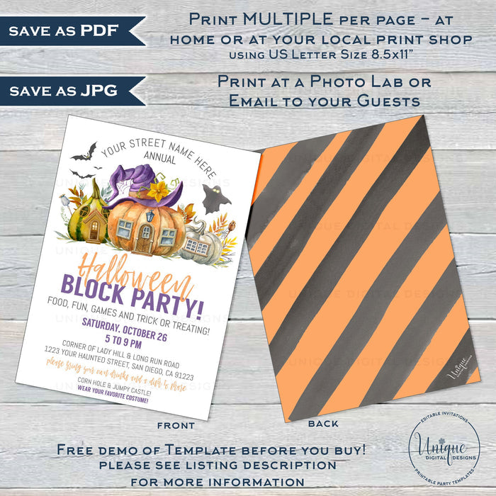 Halloween Block Party Invitation, Editable Street Party Invite, Fall Neighborhood Costume Party Flyer, Backyard BBQ hoa Printable INSTANT
