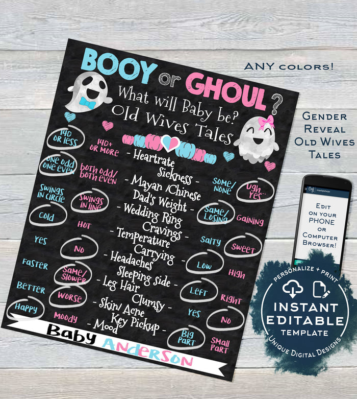 Halloween Gender Reveal Party, Editable Old Wife Tales Cast Vote Sign Baby Ghost Ghoul or Booy He or She Chalkboard Printable INSTANT ACCESS
