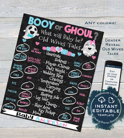 Halloween Gender Reveal Party, Editable Old Wife Tales Cast Vote Sign Baby Ghost Ghoul or Booy He or She Chalkboard Printable INSTANT ACCESS