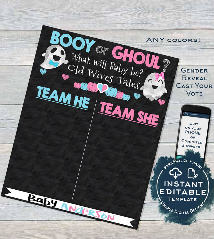 Halloween Gender Reveal Party, Editable Old Wife Tales Cast Vote Sign Baby Ghost Ghoul or Booy He or She Chalkboard Printable INSTANT ACCESS