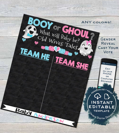 Halloween Gender Reveal Party, Editable Old Wife Tales Cast Vote Sign Baby Ghost Ghoul or Booy He or She Chalkboard Printable INSTANT ACCESS