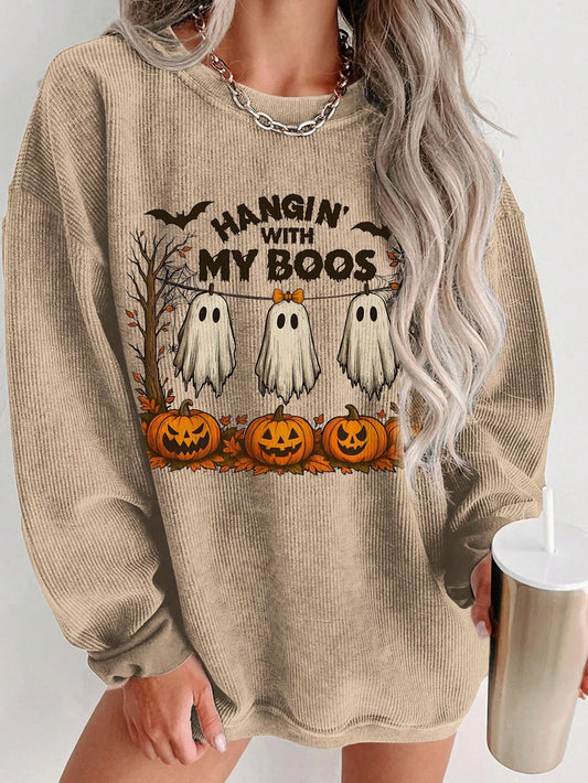 Halloween Ghost & Pumpkin Print Casual Crew Neck Fleece Long Sleeve Sweatshirt For Women, A Great Gift For Friends, Autumn/Winter