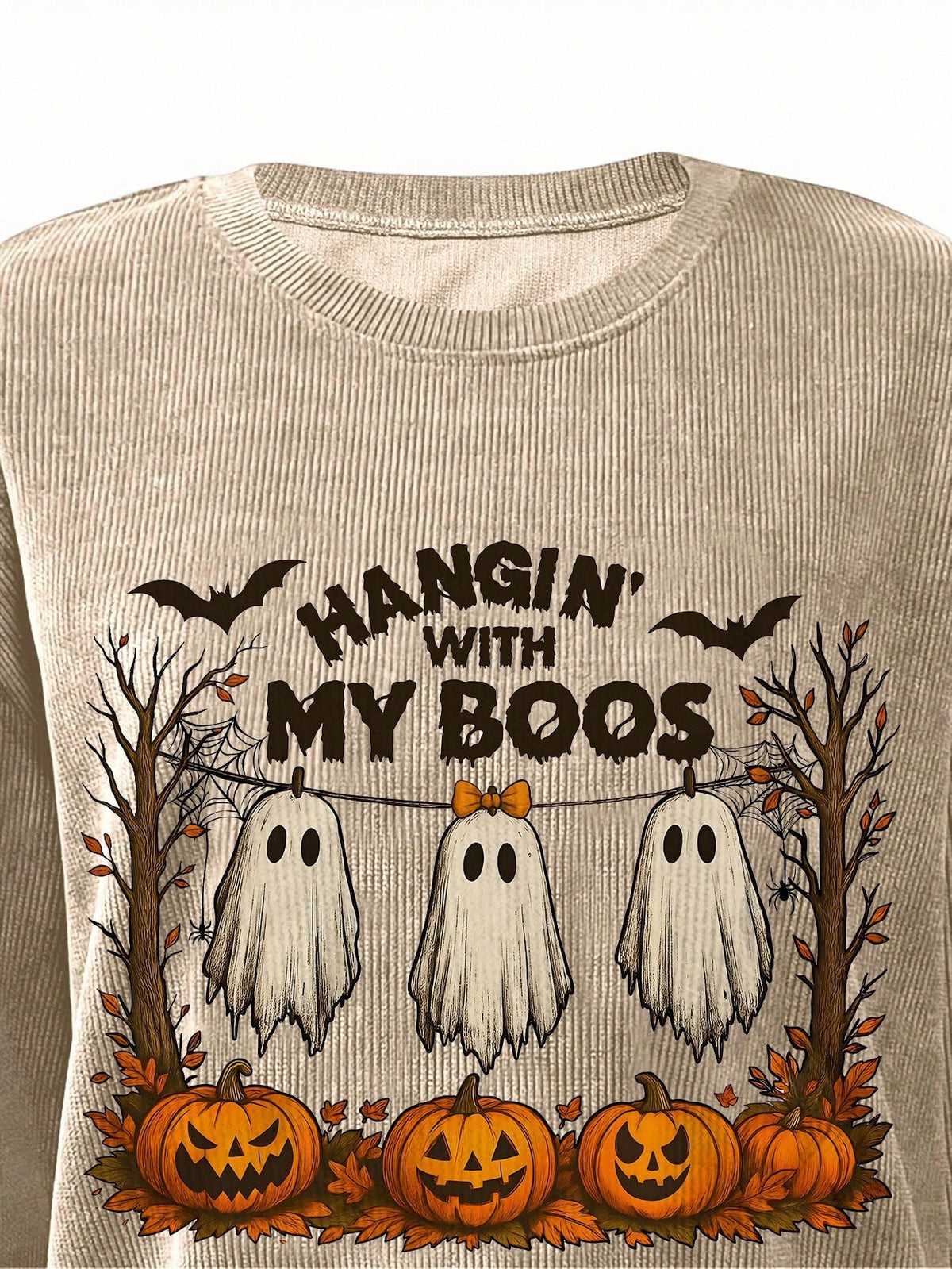Halloween Ghost & Pumpkin Print Casual Crew Neck Fleece Long Sleeve Sweatshirt For Women, A Great Gift For Friends, Autumn/Winter