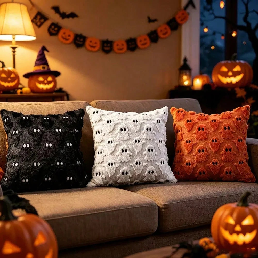 Halloween Pillowcase Cute Ghost Throw Pillow Cover 18x18 Inch 2pcs Set Soft Plush Faux Fur Autumn Decor Sofa Bed Porch Living Room Cushion Cover