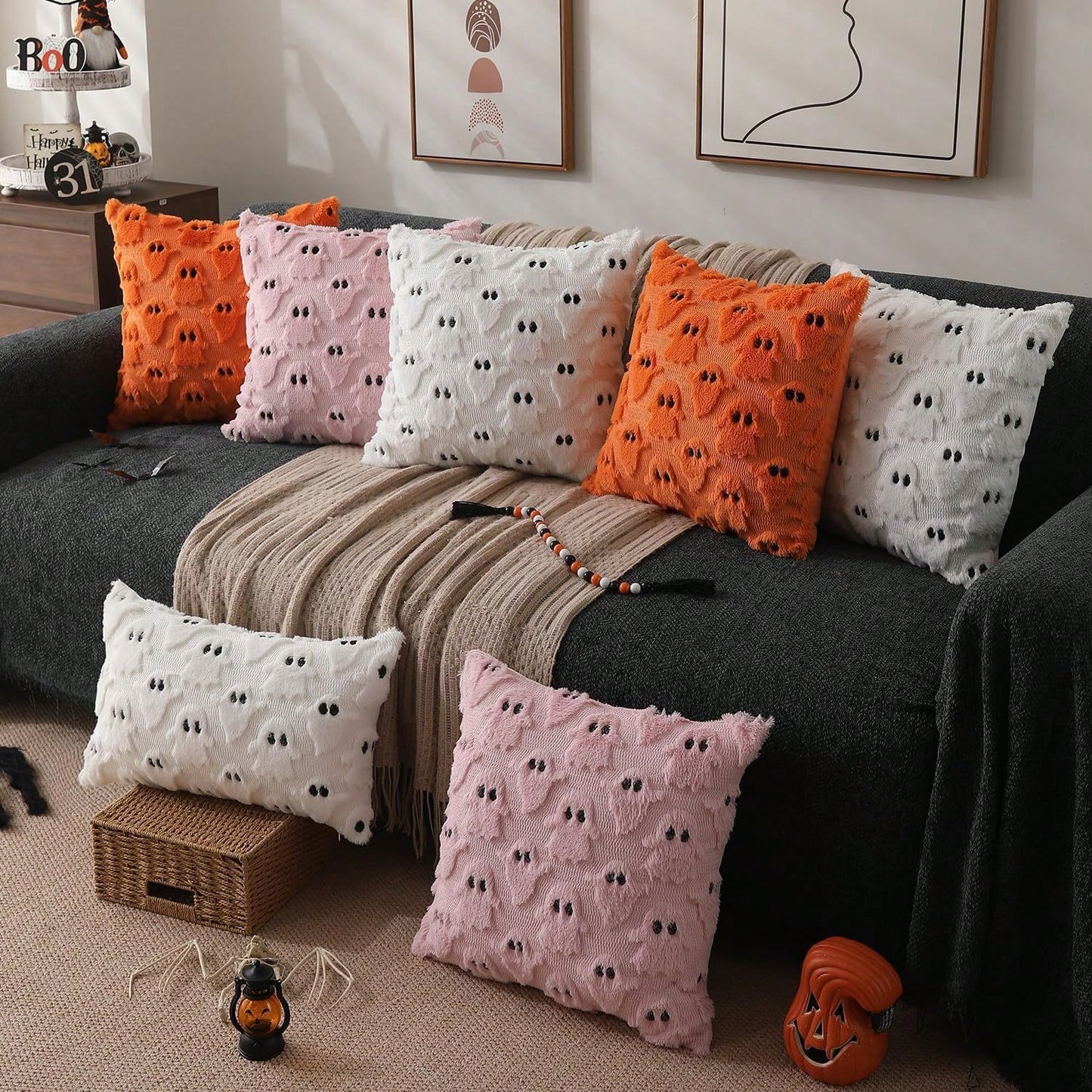 Halloween Pillowcase Cute Ghost Throw Pillow Cover 18x18 Inch 2pcs Set Soft Plush Faux Fur Autumn Decor Sofa Bed Porch Living Room Cushion Cover
