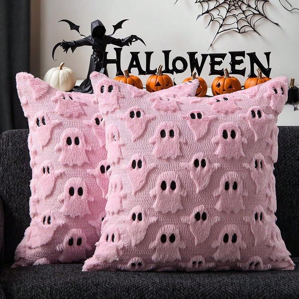 Halloween Pillowcase Cute Ghost Throw Pillow Cover 18x18 Inch 2pcs Set Soft Plush Faux Fur Autumn Decor Sofa Bed Porch Living Room Cushion Cover