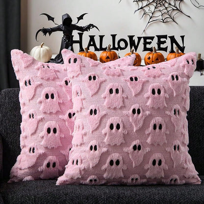 Halloween Pillowcase Cute Ghost Throw Pillow Cover 18x18 Inch 2pcs Set Soft Plush Faux Fur Autumn Decor Sofa Bed Porch Living Room Cushion Cover