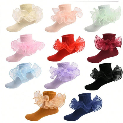Halloween Women Big Ruffle Socks Double Lace Turn Cuff,Breathable Cotton Frilly Cute Dress Sock Girls Women,K407