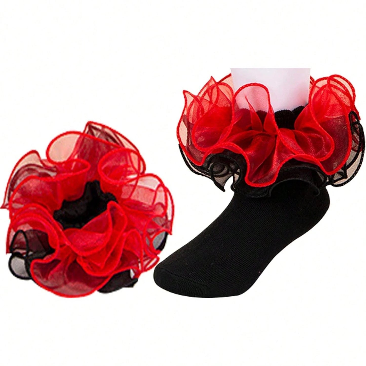 Halloween Women Big Ruffle Socks Double Lace Turn Cuff,Breathable Cotton Frilly Cute Dress Sock Girls Women,K407