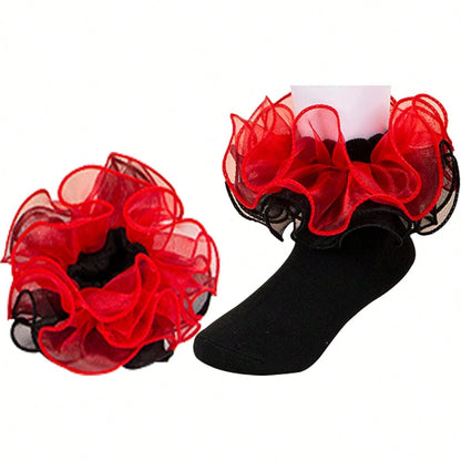 Halloween Women Big Ruffle Socks Double Lace Turn Cuff,Breathable Cotton Frilly Cute Dress Sock Girls Women,K407