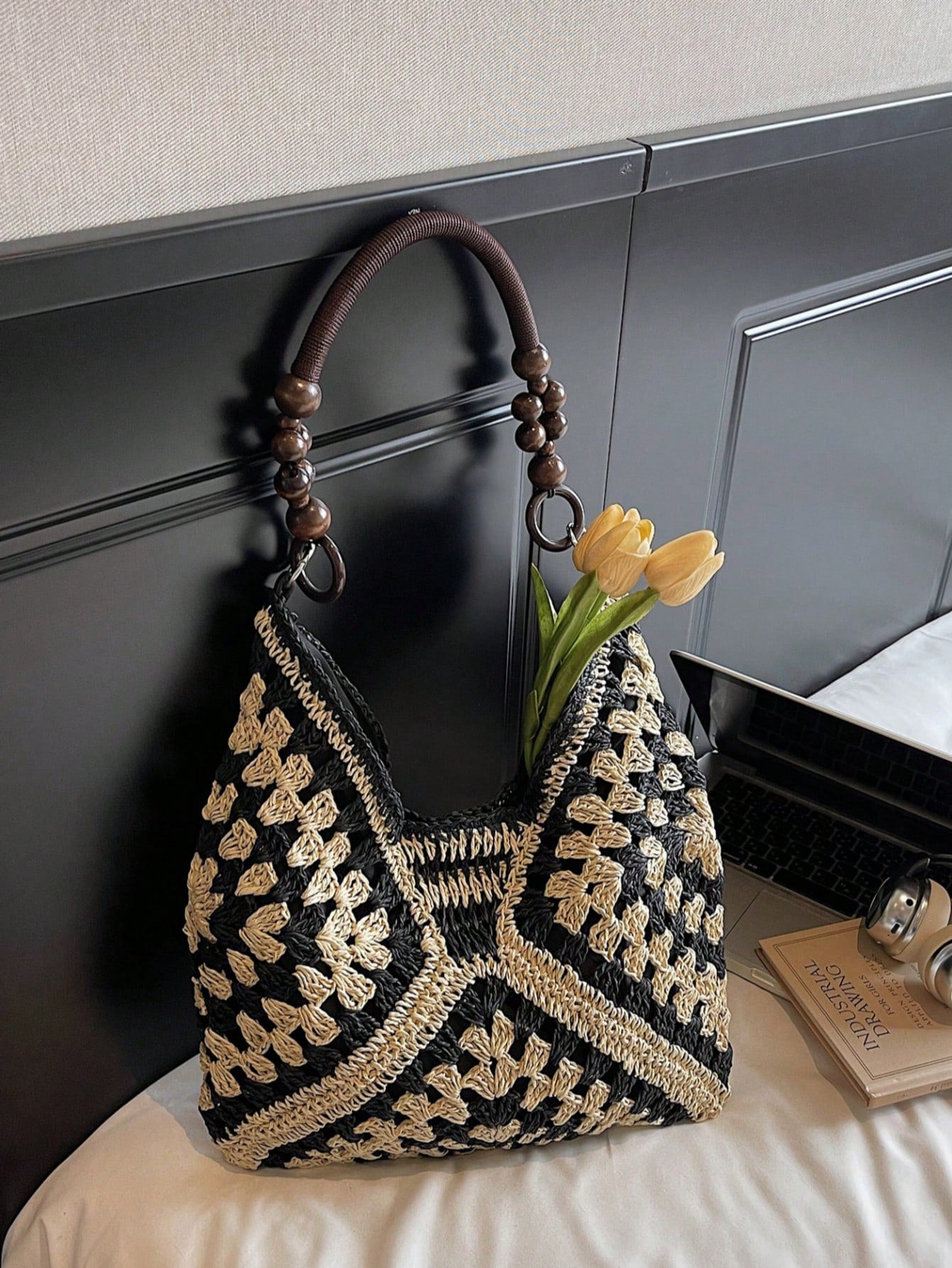 Handmade Crochet Hollow Straw Bag, Patchwork Large Capacity Shoulder Bag, Bohemian Contrast Color Straw Bag, Casual Versatile Women Bag, Slouchy Woven Bag, Summer Beach Vacation Straw Bag, Commute & T