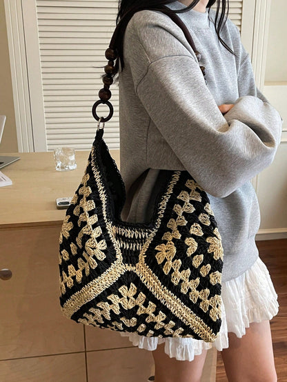 Handmade Crochet Hollow Straw Bag, Patchwork Large Capacity Shoulder Bag, Bohemian Contrast Color Straw Bag, Casual Versatile Women Bag, Slouchy Woven Bag, Summer Beach Vacation Straw Bag, Commute & T