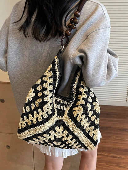 Handmade Crochet Hollow Straw Bag, Patchwork Large Capacity Shoulder Bag, Bohemian Contrast Color Straw Bag, Casual Versatile Women Bag, Slouchy Woven Bag, Summer Beach Vacation Straw Bag, Commute & T