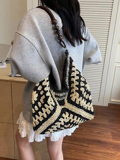 Handmade Crochet Hollow Straw Bag, Patchwork Large Capacity Shoulder Bag, Bohemian Contrast Color Straw Bag, Casual Versatile Women Bag, Slouchy Woven Bag, Summer Beach Vacation Straw Bag, Commute & T