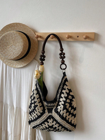 Handmade Crochet Hollow Straw Bag, Patchwork Large Capacity Shoulder Bag, Bohemian Contrast Color Straw Bag, Casual Versatile Women Bag, Slouchy Woven Bag, Summer Beach Vacation Straw Bag, Commute & T