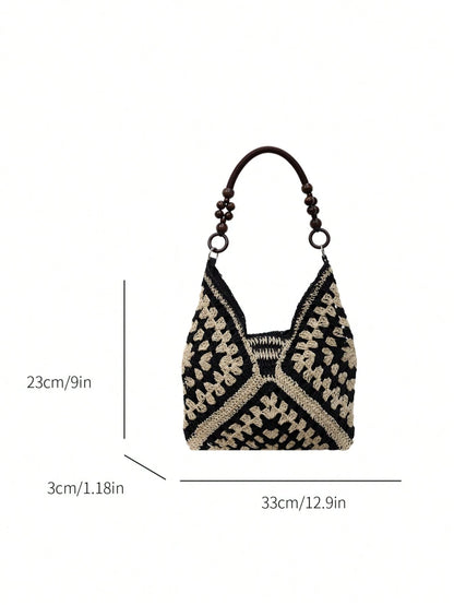 Handmade Crochet Hollow Straw Bag, Patchwork Large Capacity Shoulder Bag, Bohemian Contrast Color Straw Bag, Casual Versatile Women Bag, Slouchy Woven Bag, Summer Beach Vacation Straw Bag, Commute & T