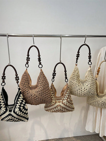 Handmade Crochet Hollow Straw Bag, Patchwork Large Capacity Shoulder Bag, Bohemian Contrast Color Straw Bag, Casual Versatile Women Bag, Slouchy Woven Bag, Summer Beach Vacation Straw Bag, Commute & T
