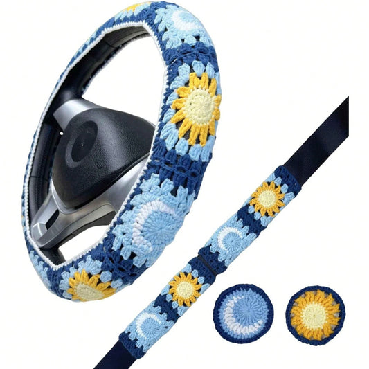 Handmade Crochet Moon And Sun Car Steering Wheel Covers Universal 14-15 Inch For Women And Men (Steer Wheel Cover)