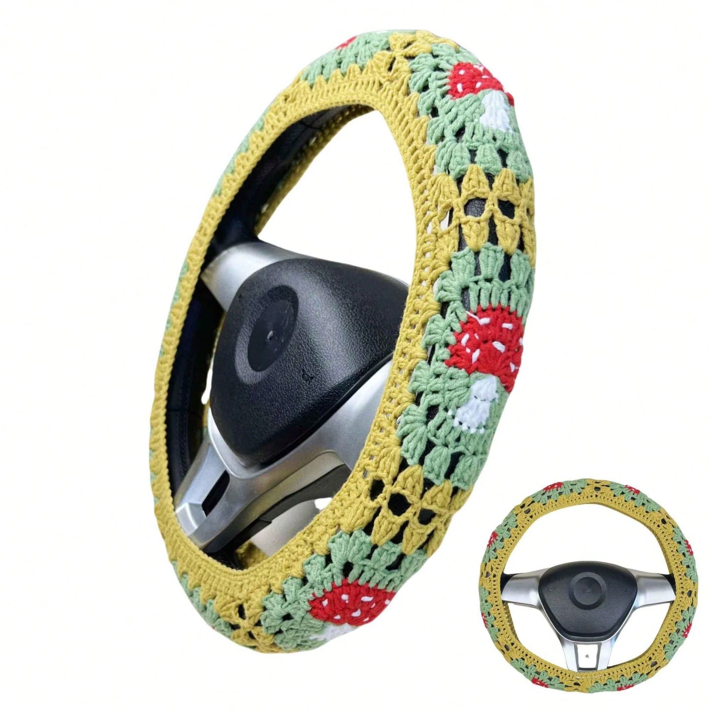 Handmade Crochet Mushroom Granny Square Car Steering Wheel Covers Universal 14-15 Inch For Women And Men
