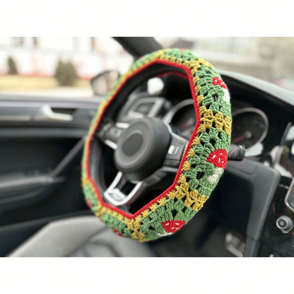 Handmade Crochet Mushroom Granny Square Car Steering Wheel Covers Universal 14-15 Inch For Women And Men