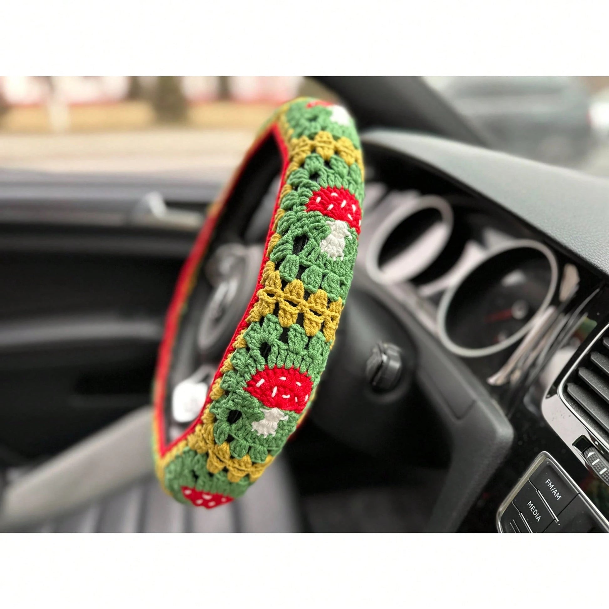 Handmade Crochet Mushroom Granny Square Car Steering Wheel Covers Universal 14-15 Inch For Women And Men
