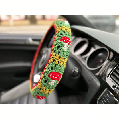 Handmade Crochet Mushroom Granny Square Car Steering Wheel Covers Universal 14-15 Inch For Women And Men