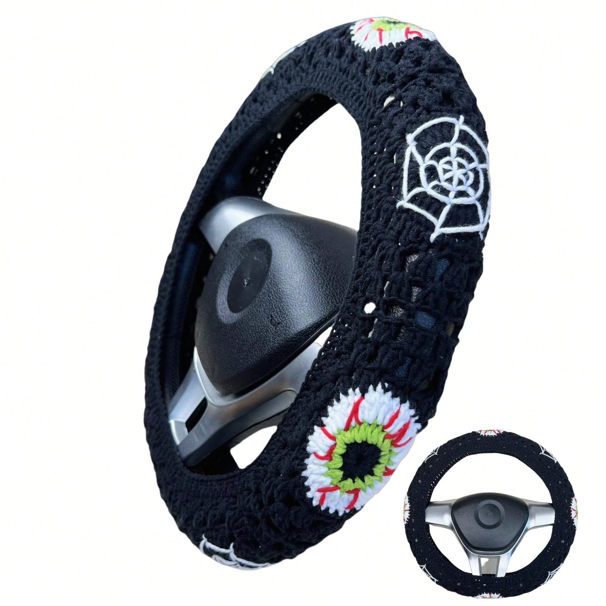 Handmade Crochet Spider Web And Eye Granny Square Car Steering Wheel Covers Universal 14-15 Inch For Women And Men