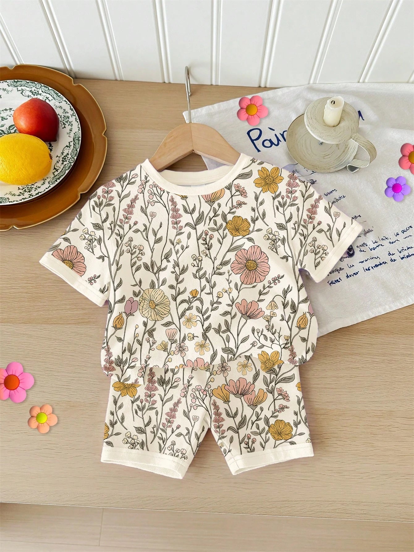 Happikins Bohemian Ditsy Floral,Baby Girl Casual Minimalist Round Neck Loose Short Sleeve T-Shirt And Snug Fit Shorts Set,Suitable For Spring Summer