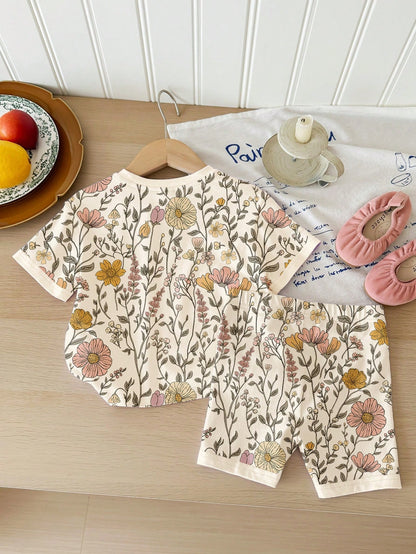 Happikins Bohemian Ditsy Floral,Baby Girl Casual Minimalist Round Neck Loose Short Sleeve T-Shirt And Snug Fit Shorts Set,Suitable For Spring Summer