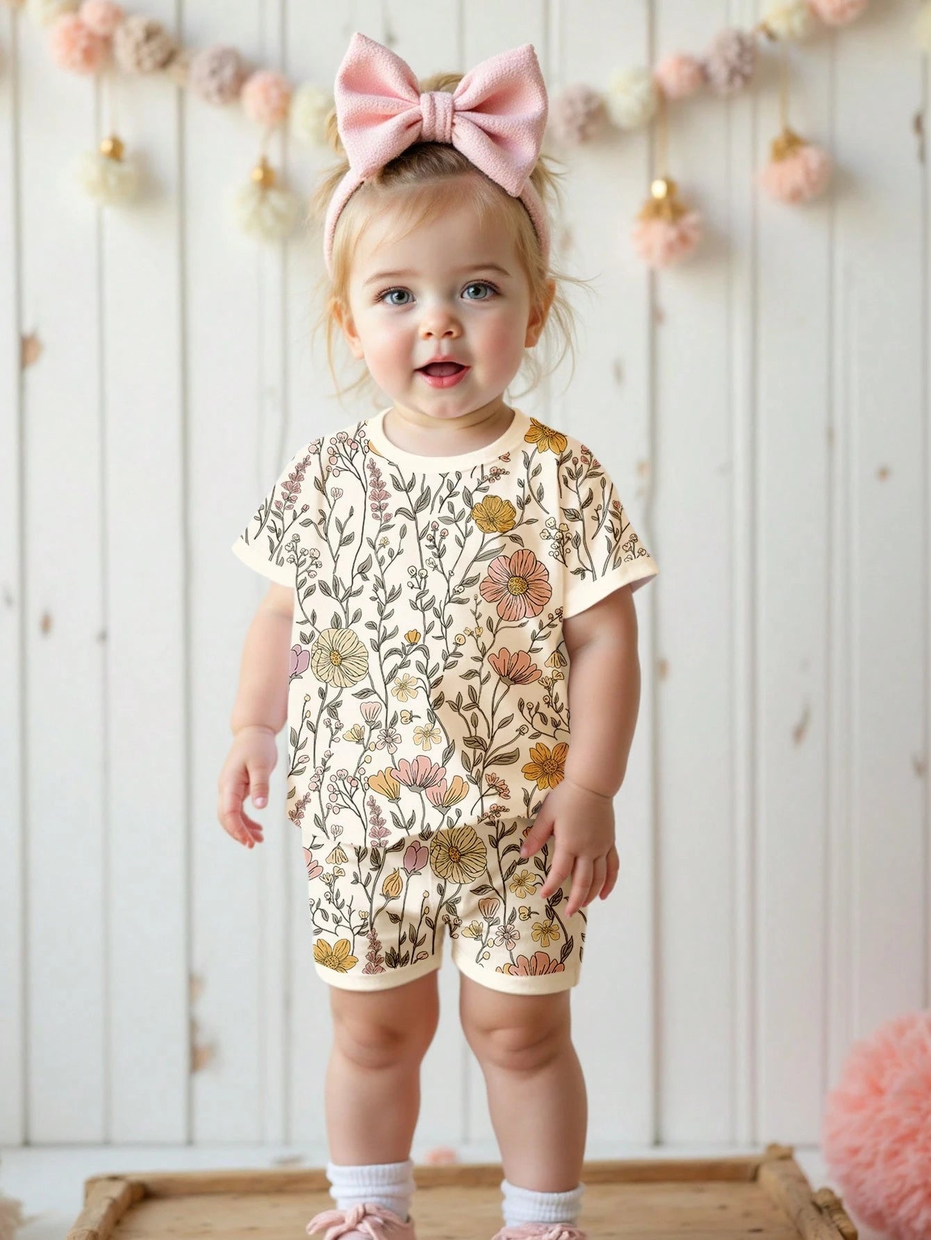 Happikins Bohemian Ditsy Floral,Baby Girl Casual Minimalist Round Neck Loose Short Sleeve T-Shirt And Snug Fit Shorts Set,Suitable For Spring Summer