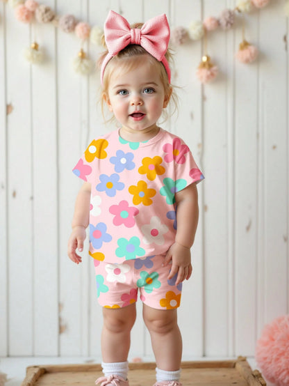 Happikins Bohemian Ditsy Floral,Baby Girl Casual Minimalist Round Neck Loose Short Sleeve T-Shirt And Snug Fit Shorts Set,Suitable For Spring Summer