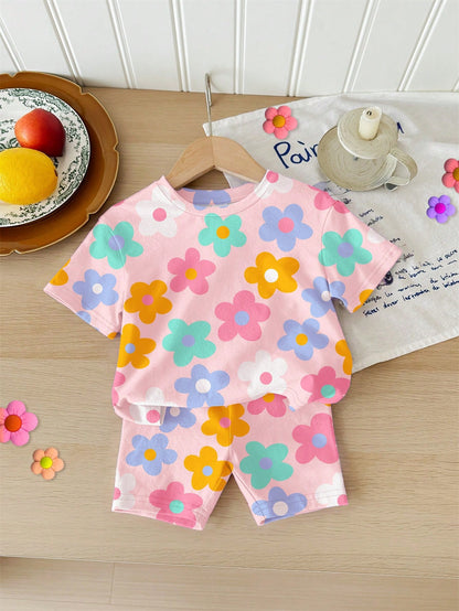 Happikins Bohemian Ditsy Floral,Baby Girl Casual Minimalist Round Neck Loose Short Sleeve T-Shirt And Snug Fit Shorts Set,Suitable For Spring Summer