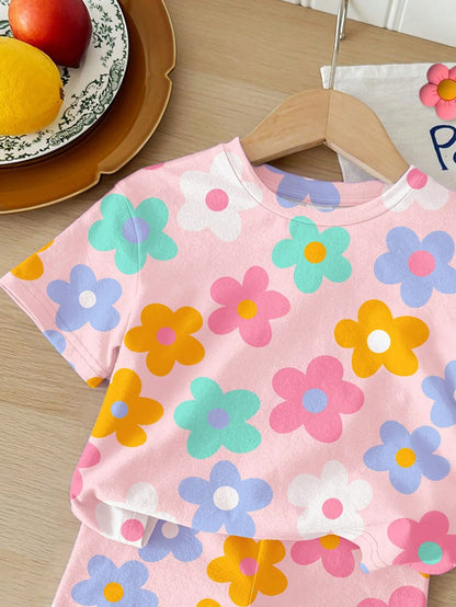 Happikins Bohemian Ditsy Floral,Baby Girl Casual Minimalist Round Neck Loose Short Sleeve T-Shirt And Snug Fit Shorts Set,Suitable For Spring Summer
