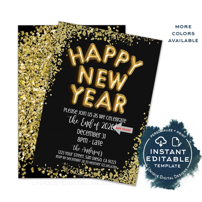 Happy New Year Invitation, Editable New Years Eve Party, Any Year - Gold or Silver Glitter