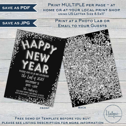 Happy New Year Invitation, Editable New Years Eve Party, Any Year - Gold or Silver Glitter