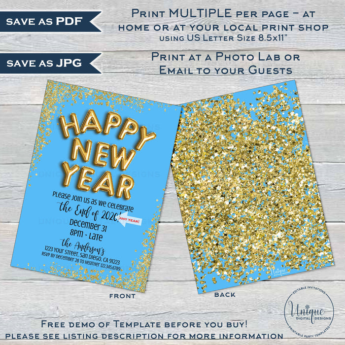 Happy New Year Invitation, Editable New Years Eve Party, Any Year - Gold or Silver Glitter